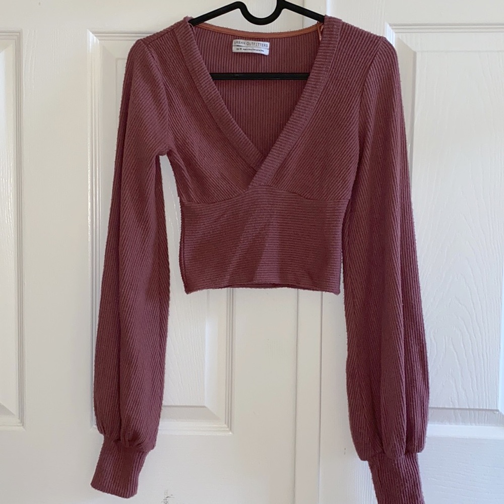 UO Plum Purple Maroon V-Neck Bishop Long Sleeve Crop Top